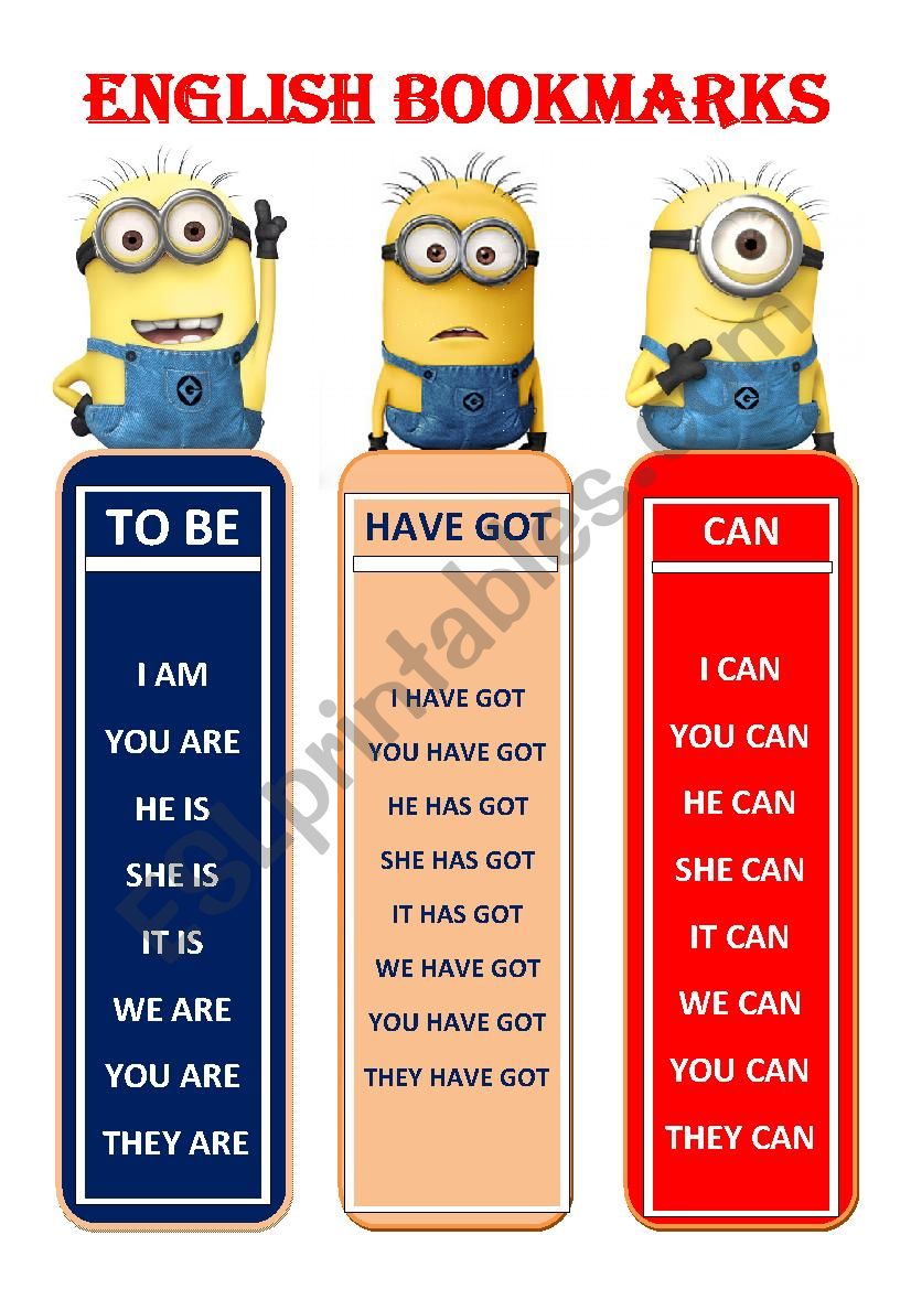 ENGLISH BOOKMARKS with Essential Verbs ( To be, Have Got, Can)  1