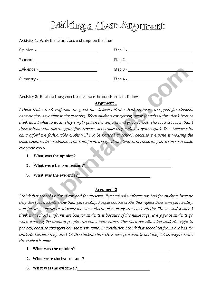 Making a Clear Argument 2015 worksheet