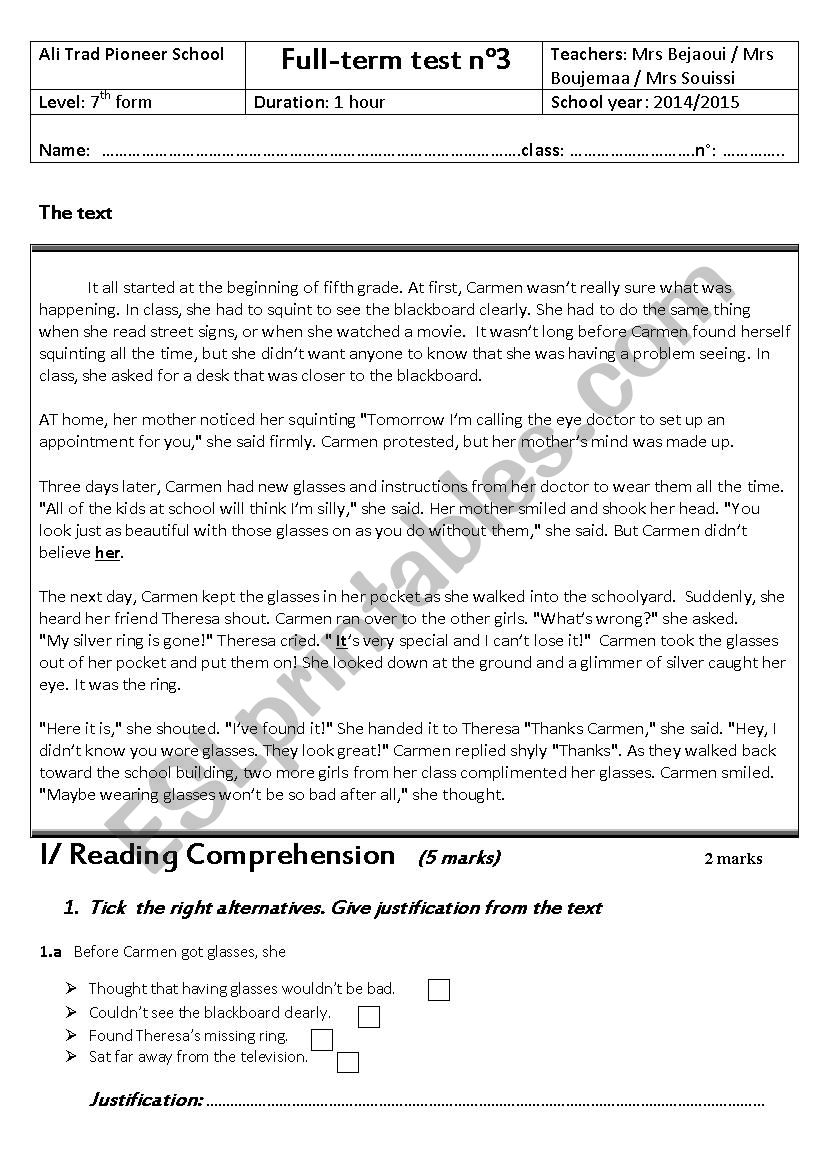 7th form test n3 worksheet