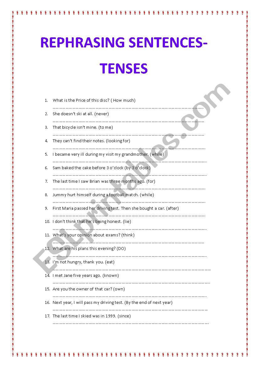 REWRITE THE SENTENCES. TENSES worksheet