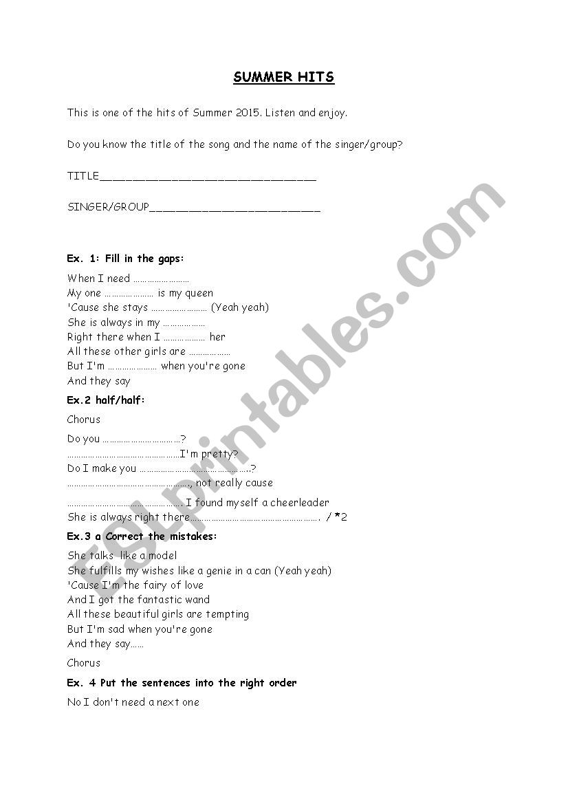 Cheerleader by OMI worksheet