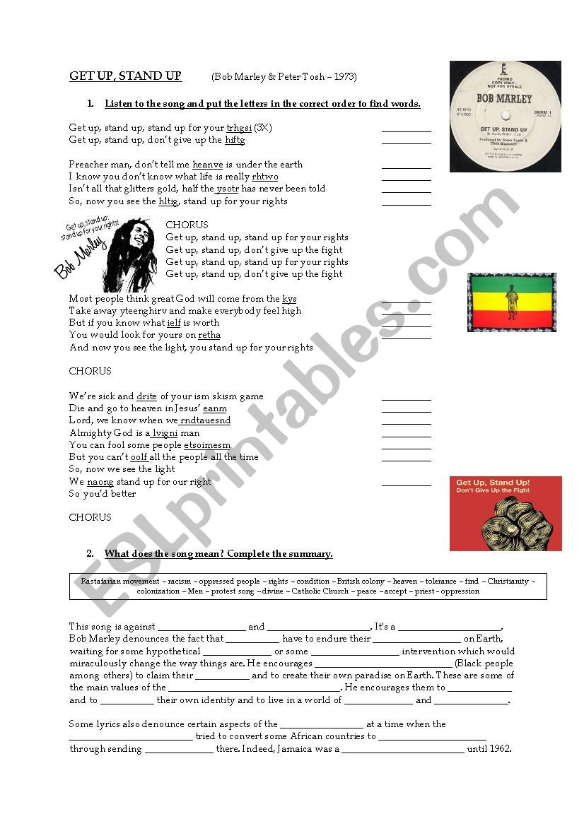 Get up Stand up - Bob Marley worksheet