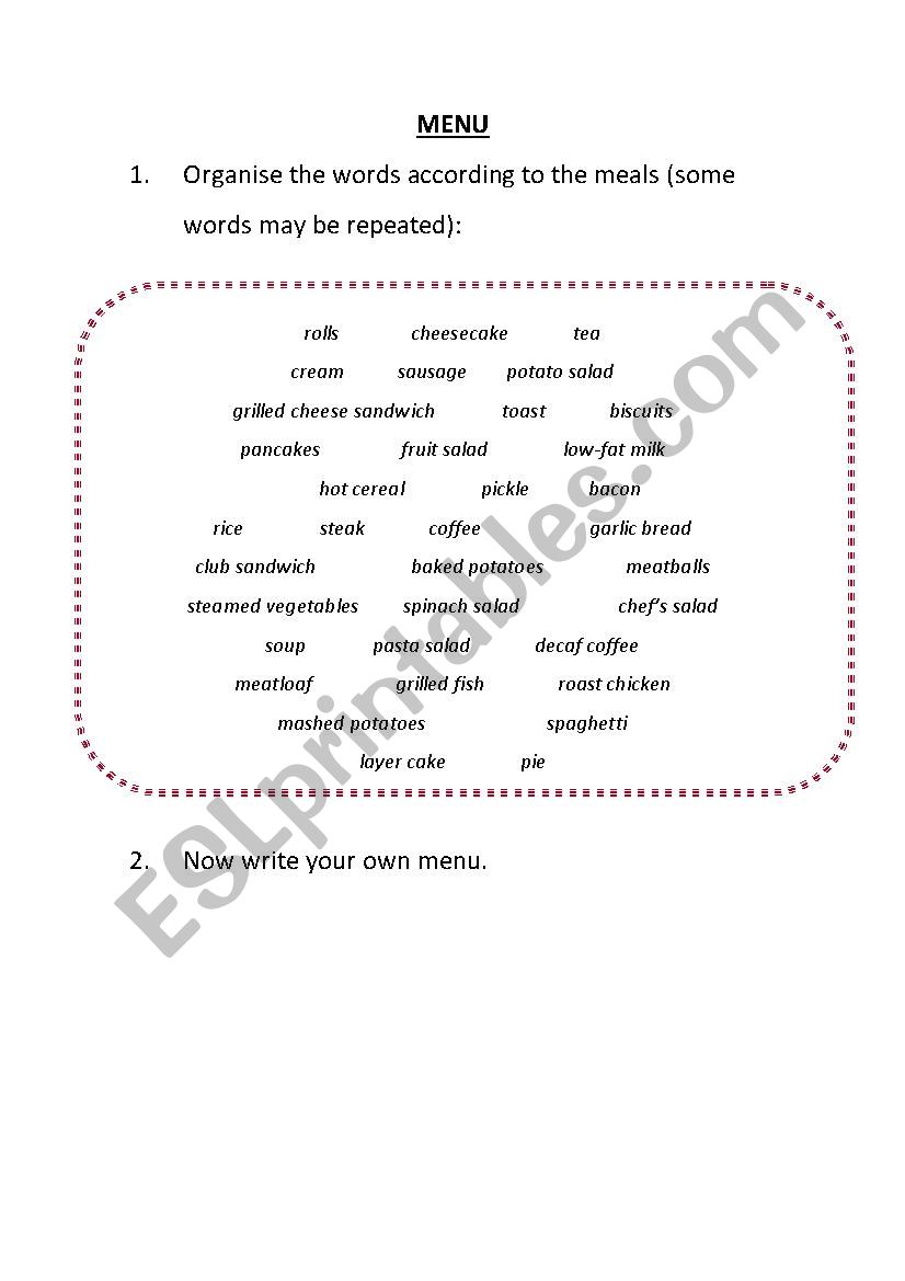 Writing a menu - word listing worksheet
