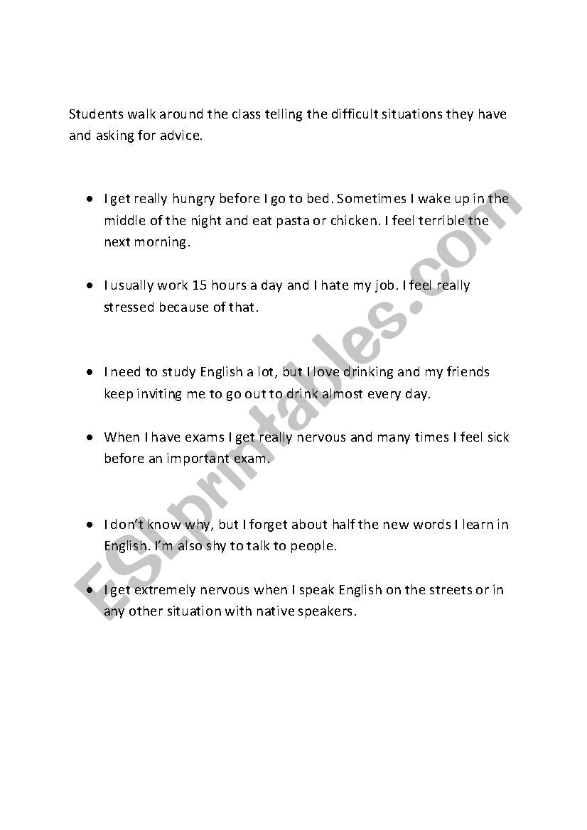 Difficult situations worksheet