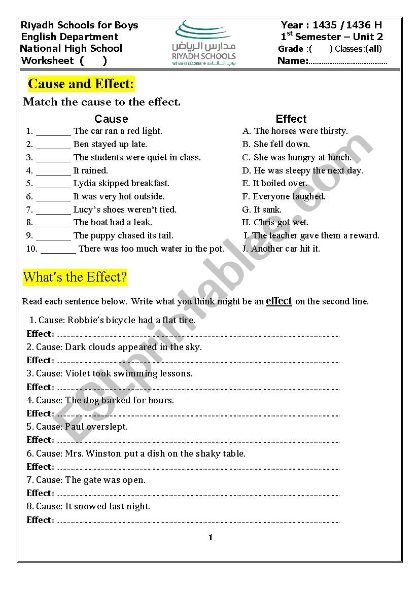 Cause and Effect worksheet