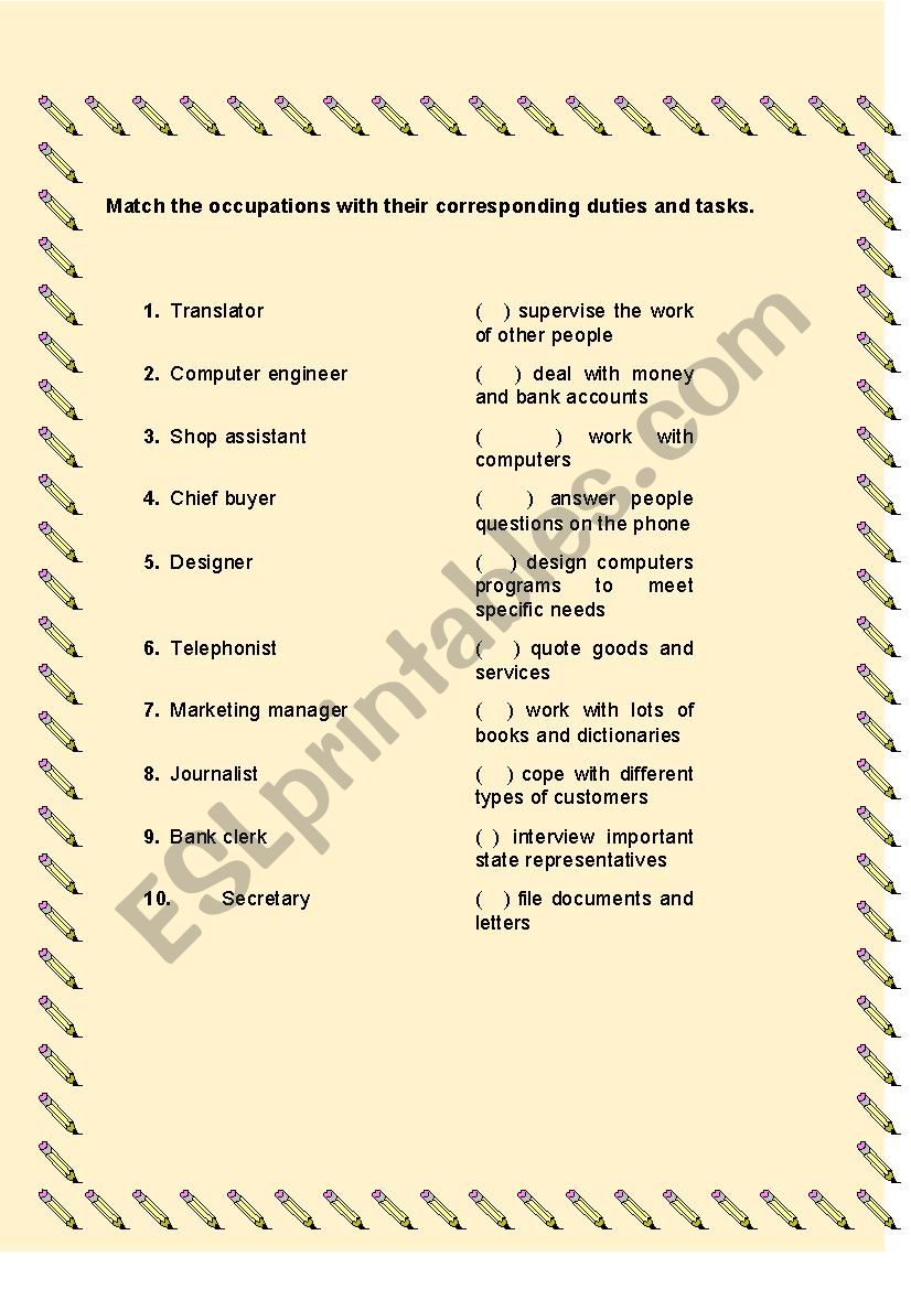 Job Duties and Tasks worksheet