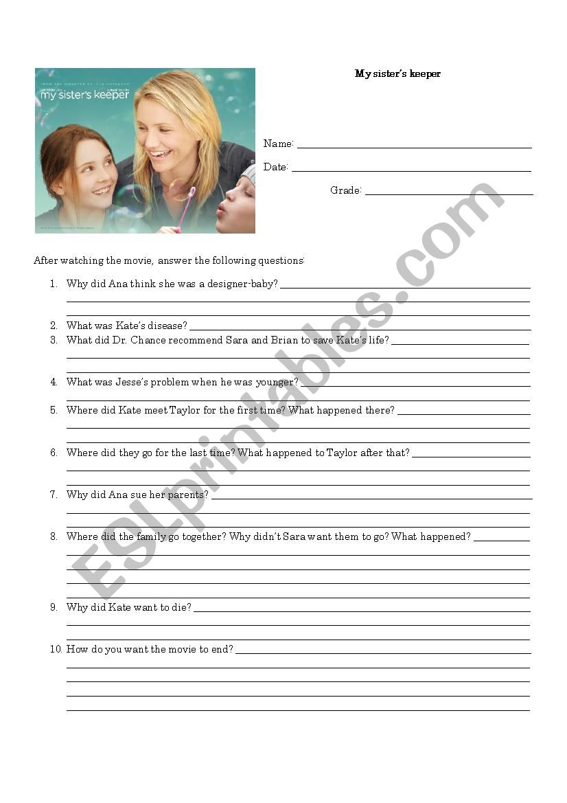 My sisters keeper  worksheet