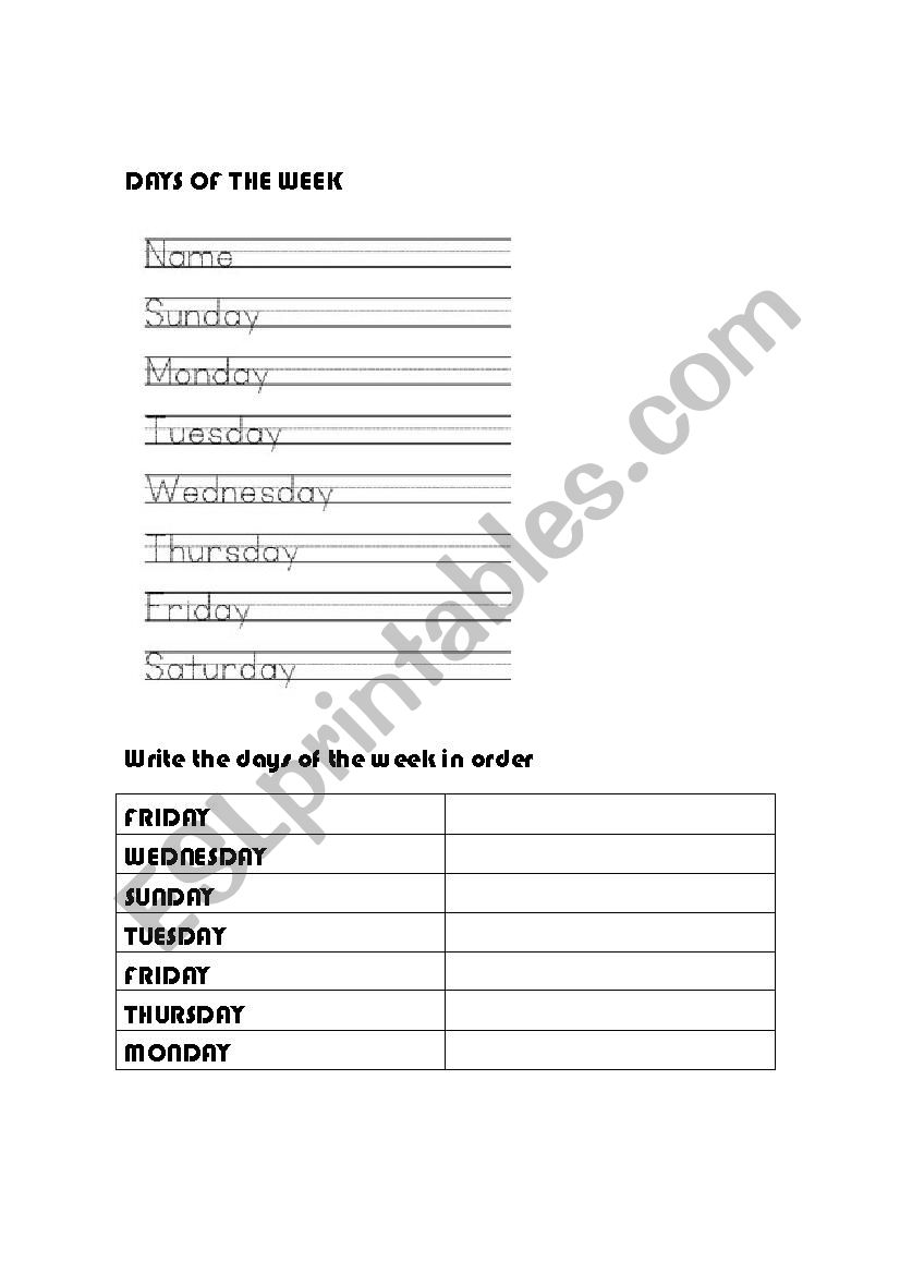 days ofthe week worksheet