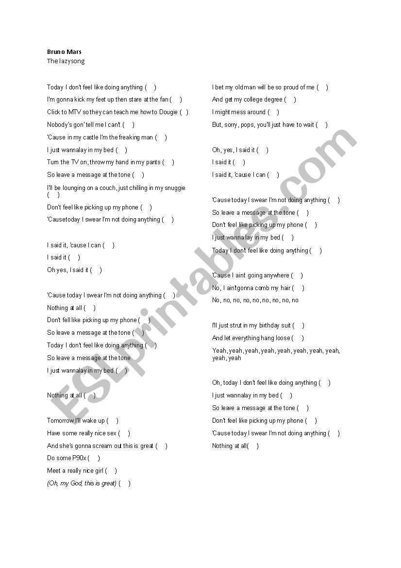 The lazy song (Bruno Mars)  worksheet