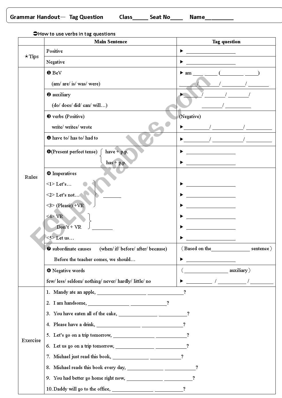 worksheet for tag questions worksheet