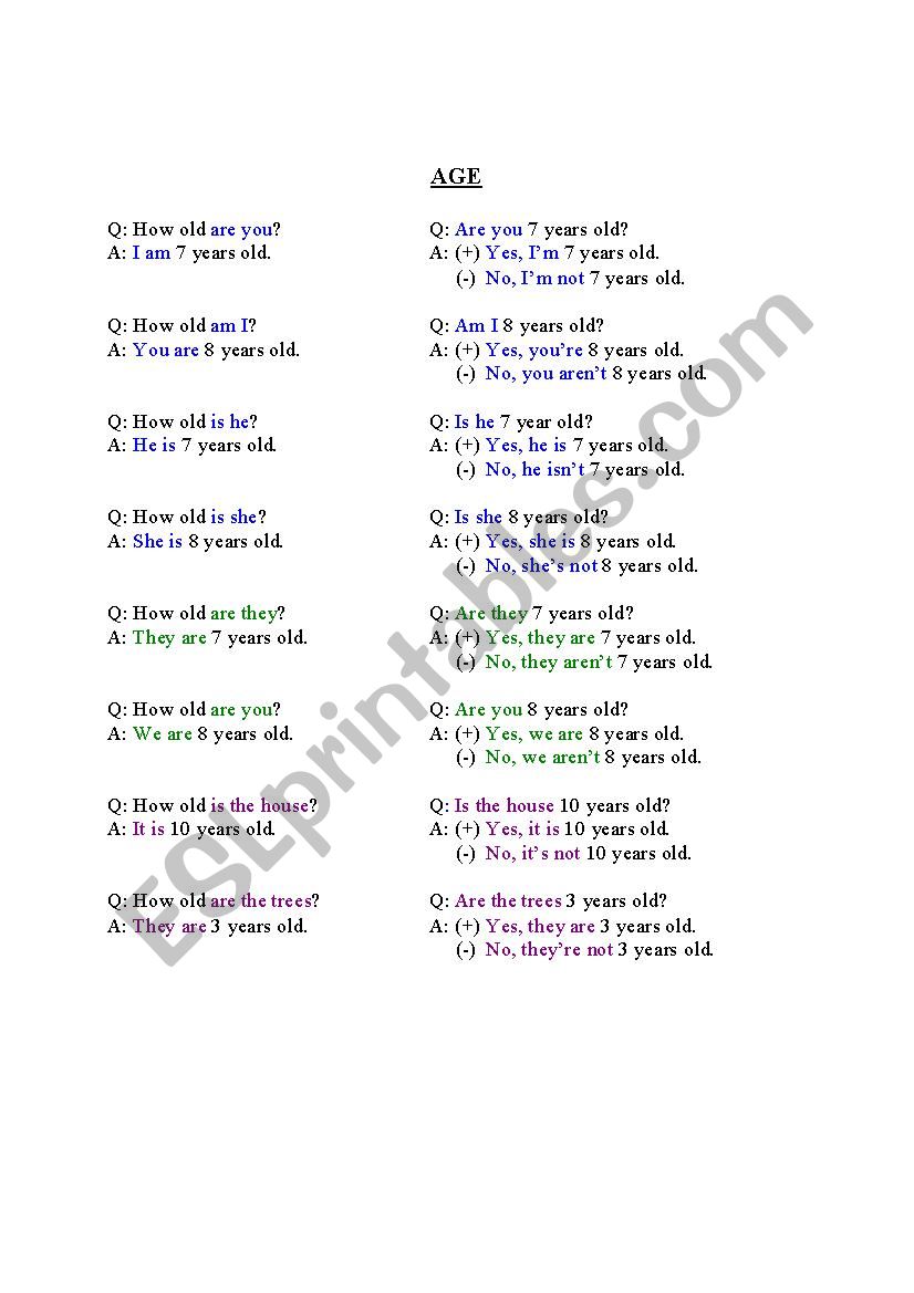 Age Q&A reading sheet worksheet