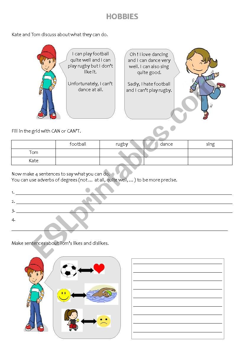 hobbies, can & like worksheet
