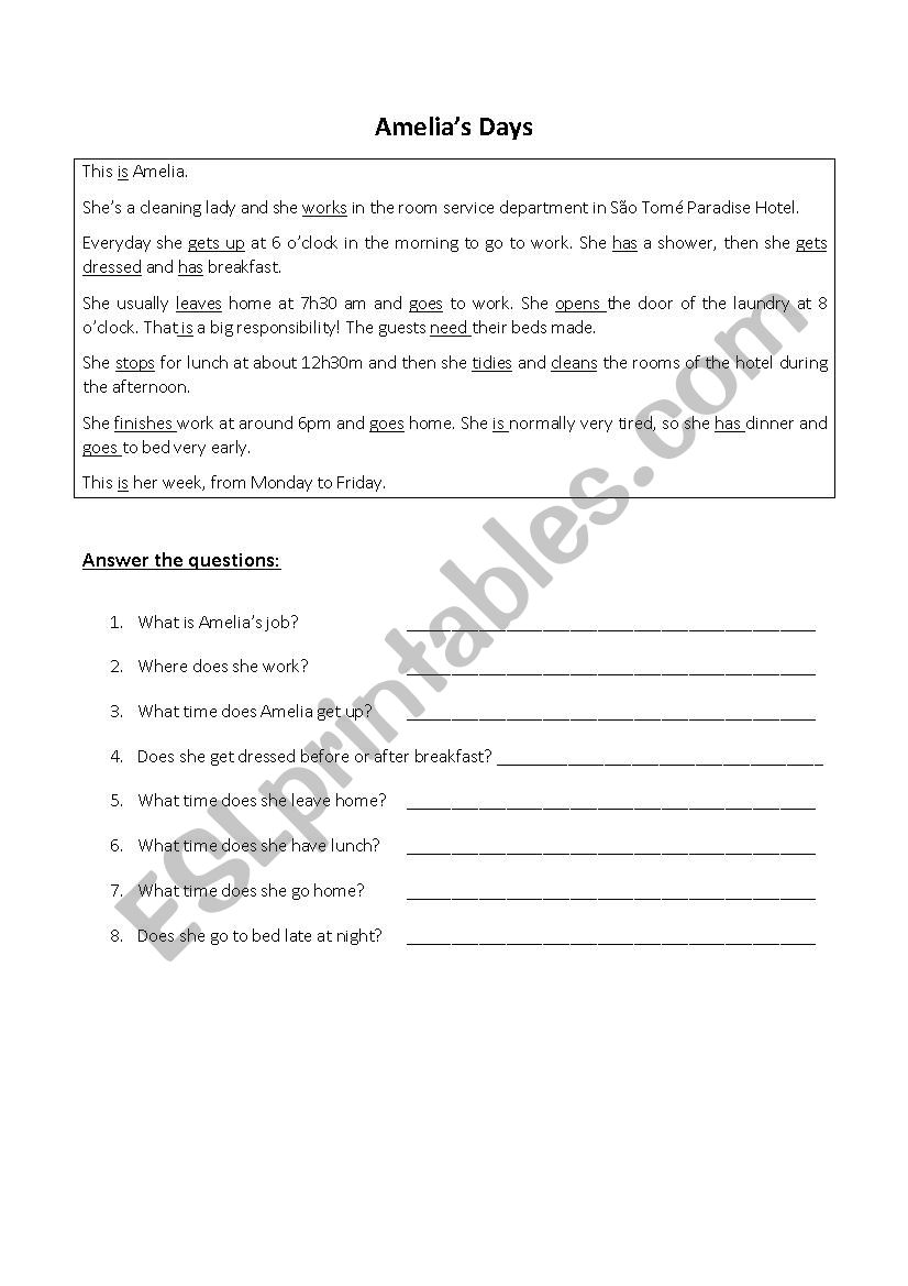 Amelias Day - daily routine worksheet