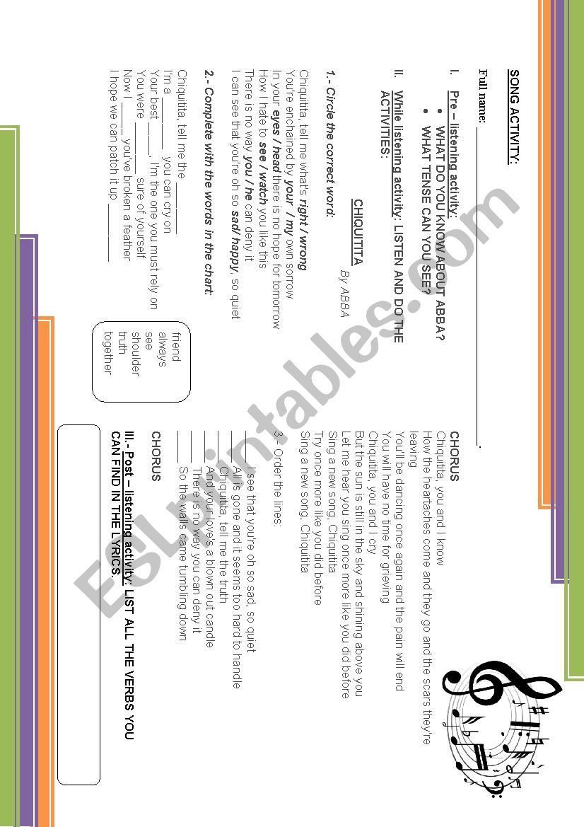 Chiquitita song activity worksheet