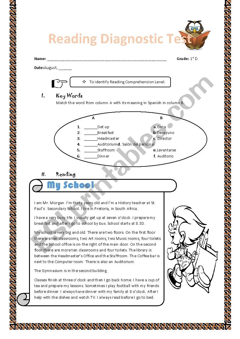 Reading diagnostic test worksheet