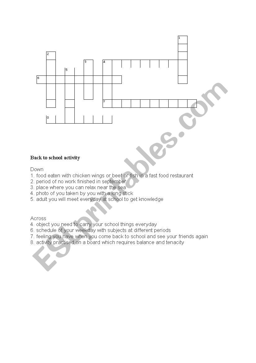 back to school crossword worksheet