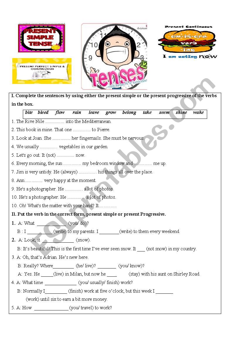 Exercises on present tenses worksheet