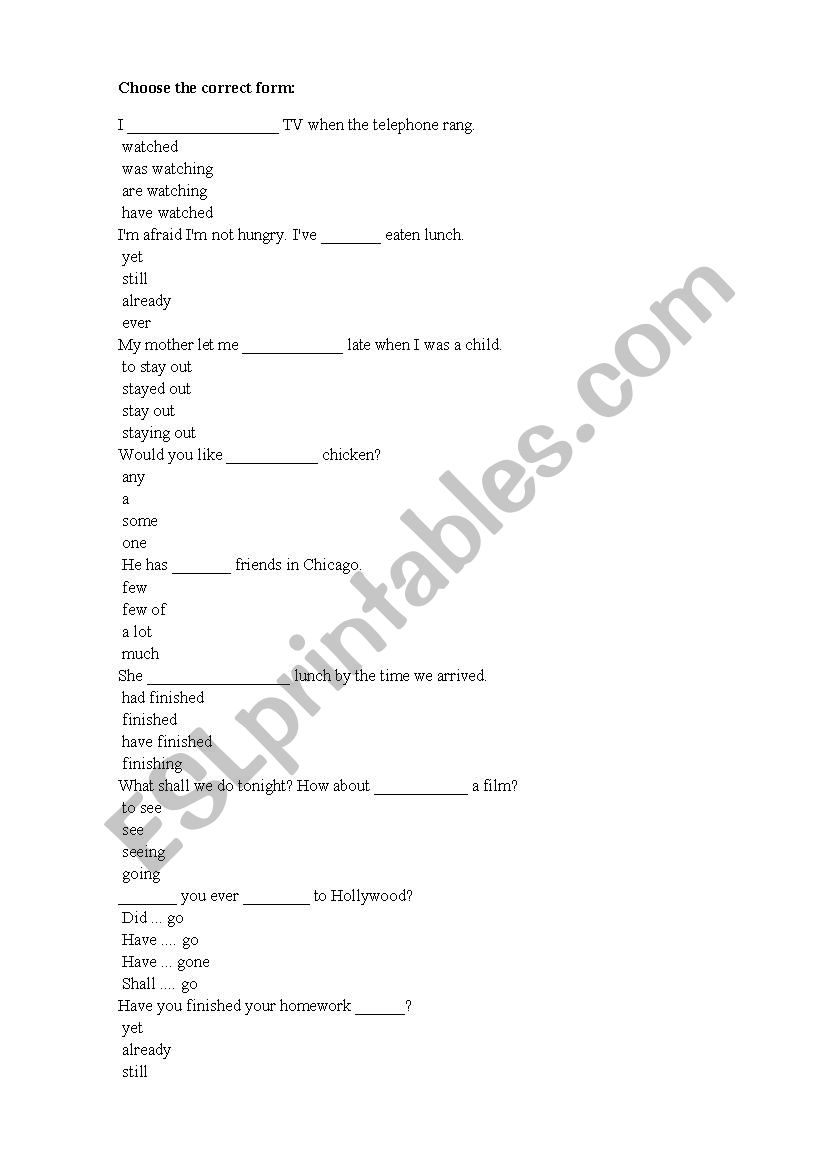 Grammar test mixed forms worksheet