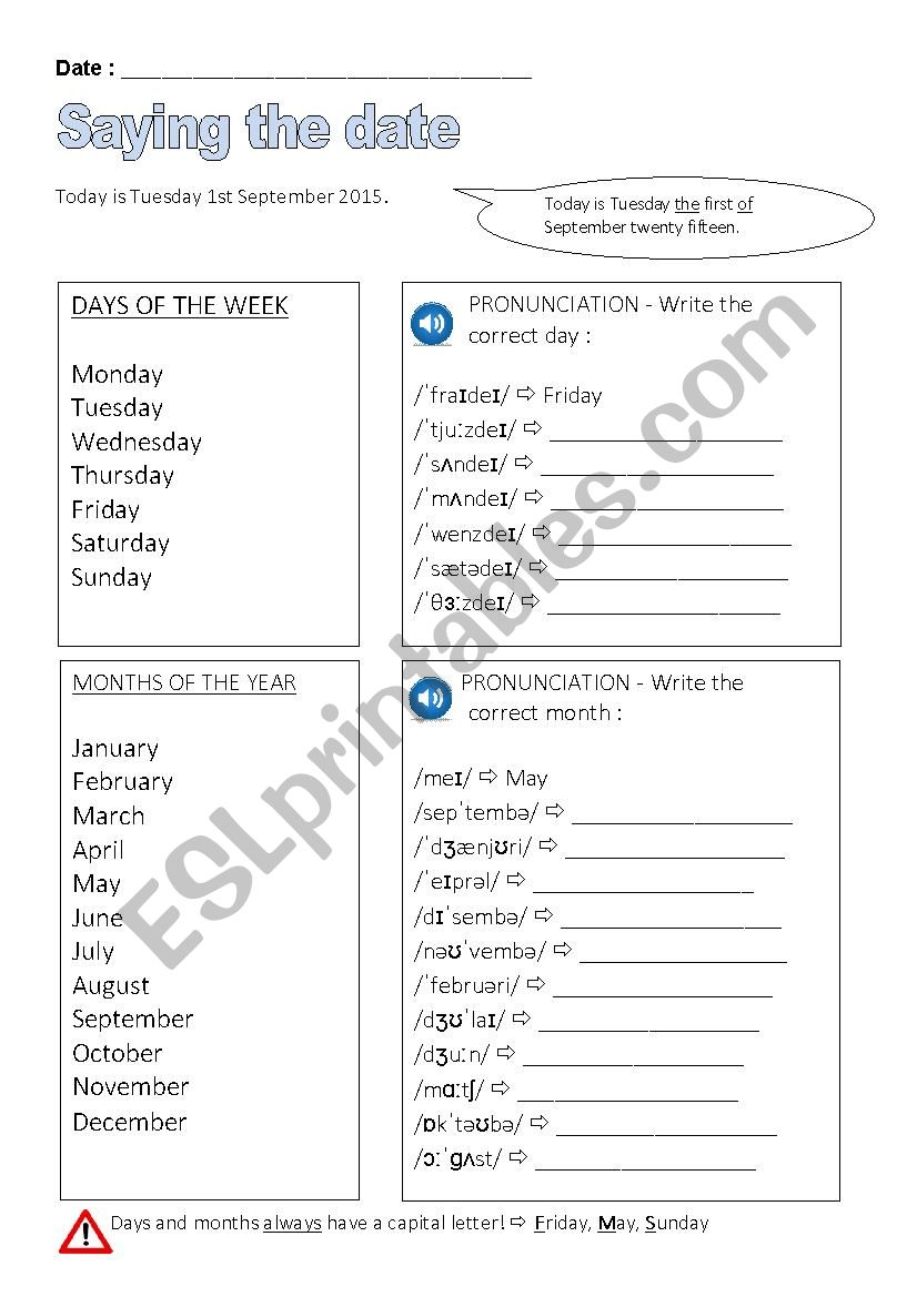 Saying the date worksheet