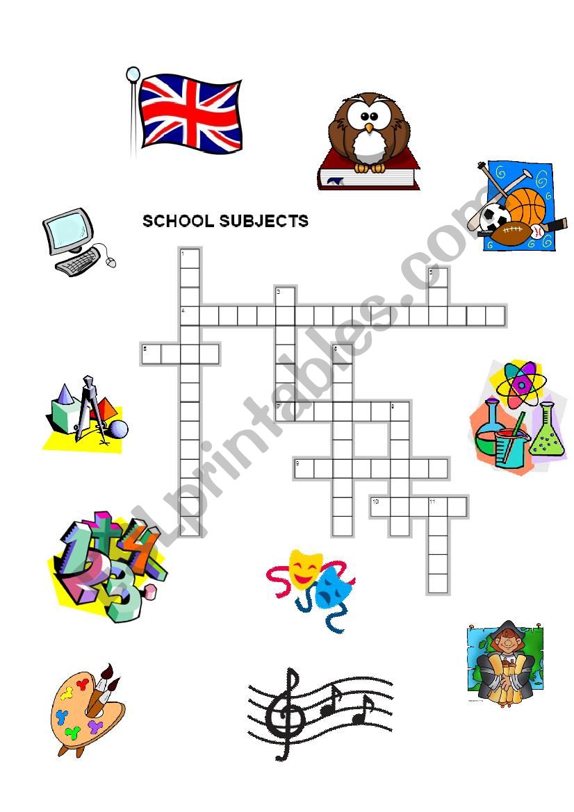 School subjects crosswords worksheet