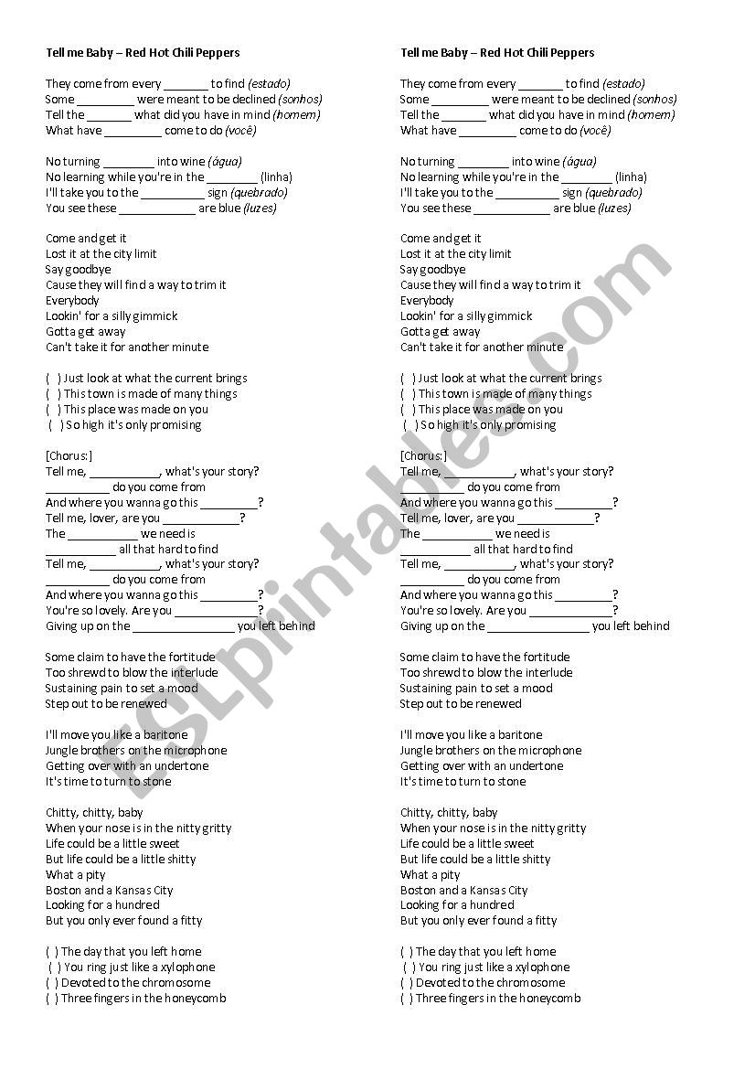 Tell me Baby - Red Hot Chili Peppers Song Worksheet