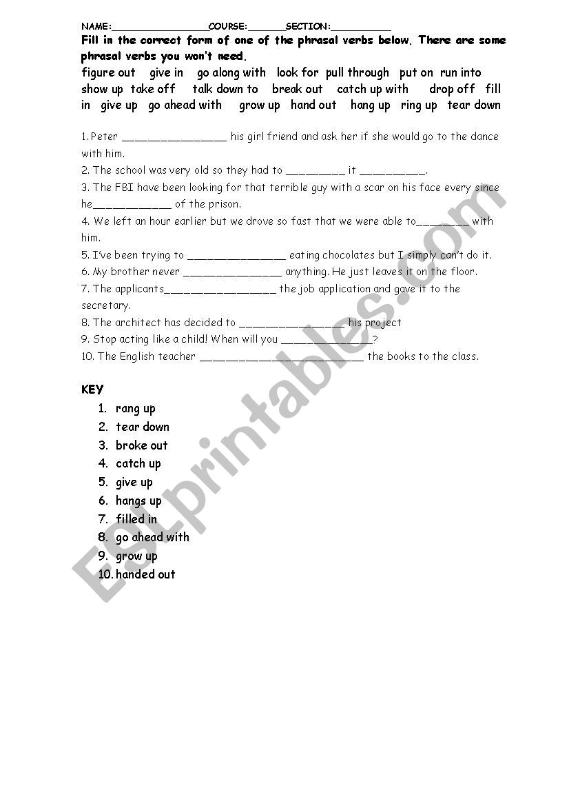 Phrasal verbs quiz worksheet