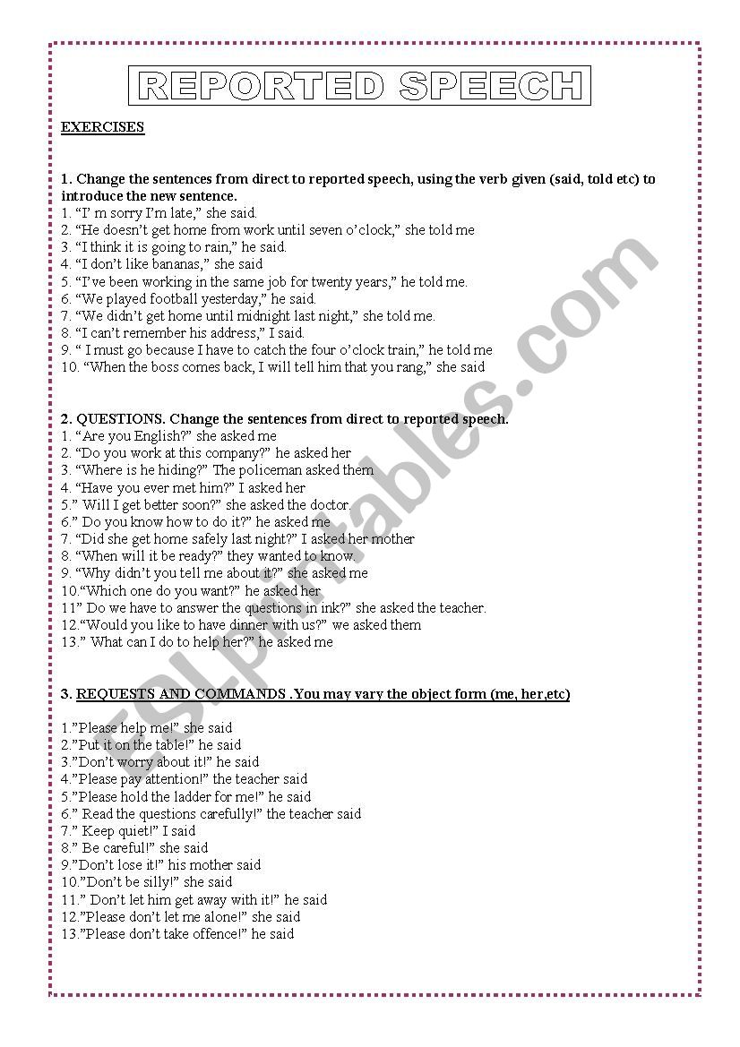 REPORTED SPEECH worksheet