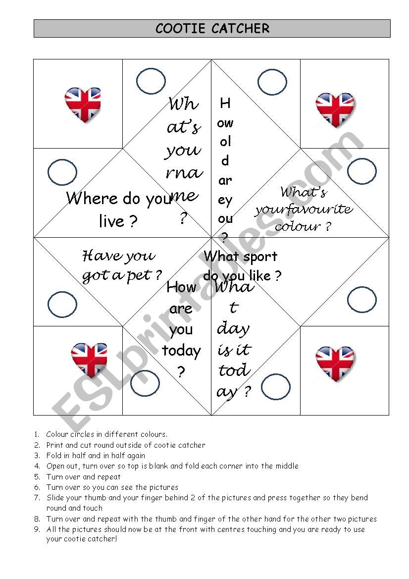 Cootie catcher worksheet