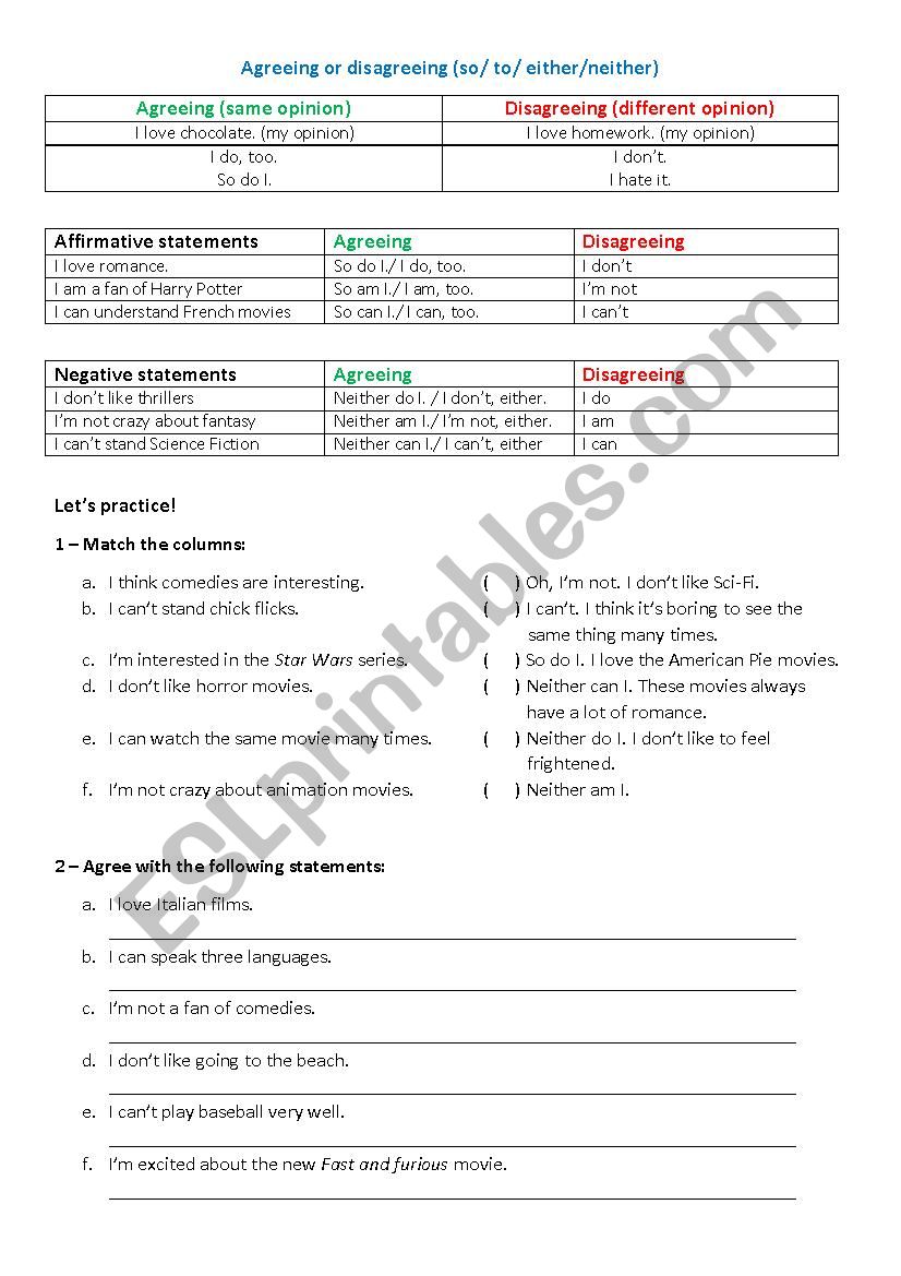 Agreeing and disagreeing (so, too, neither, either)
