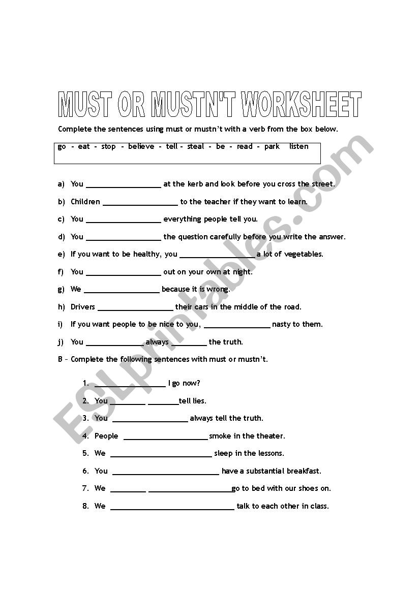 Must Mustnt worksheet