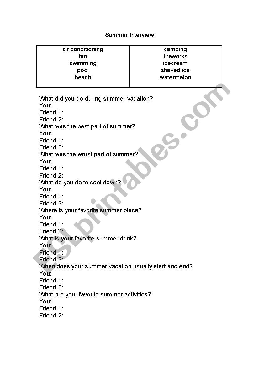 Summer Vacation Interview Worksheet