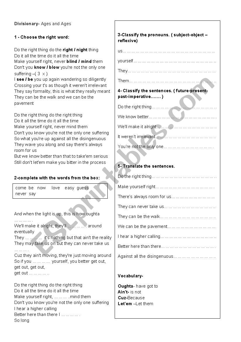 Divisionary-ages and ages worksheet