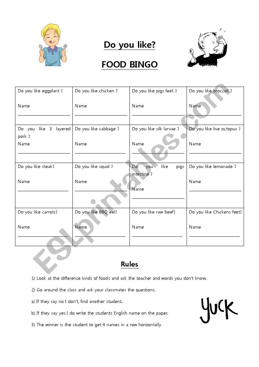 Do you like? Food BINGO worksheet