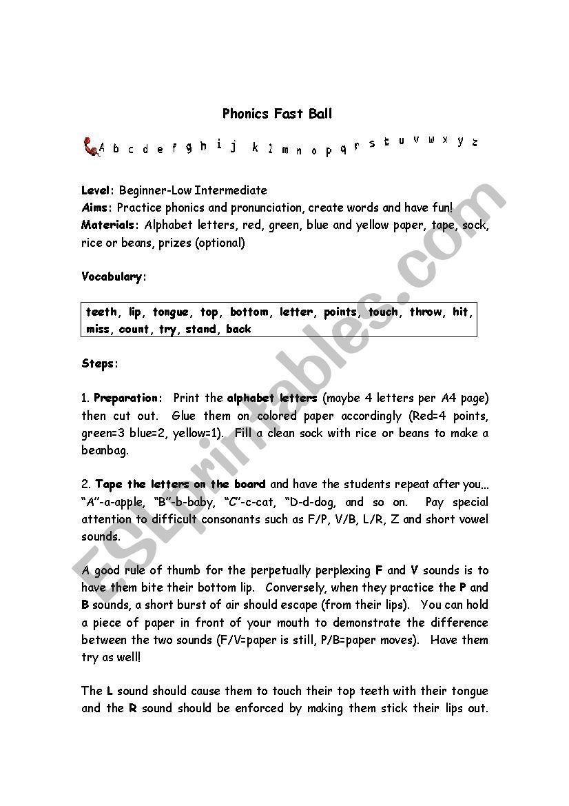 Phonics Fast ball worksheet