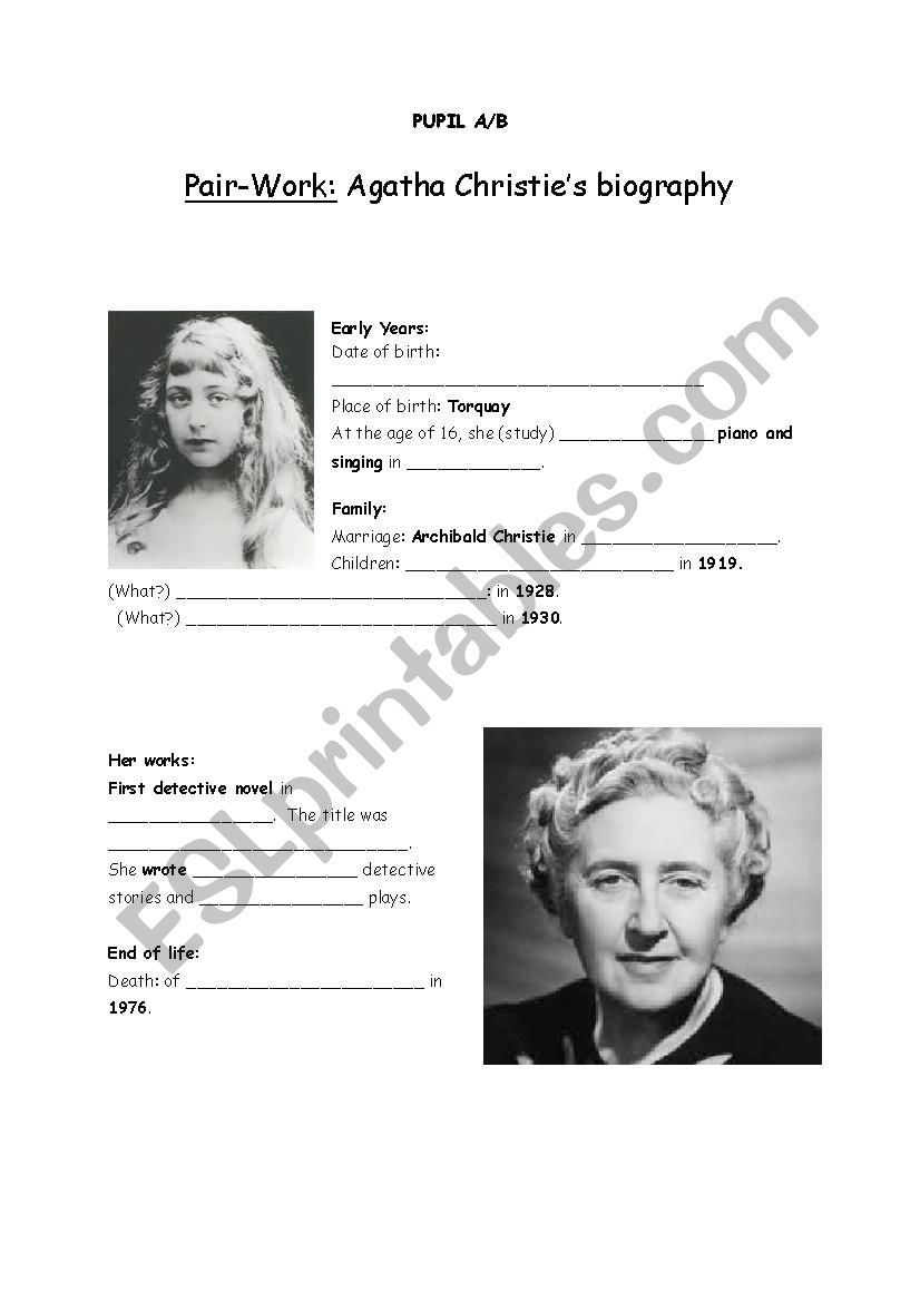 Pair-Work about Agatha Christies Biography