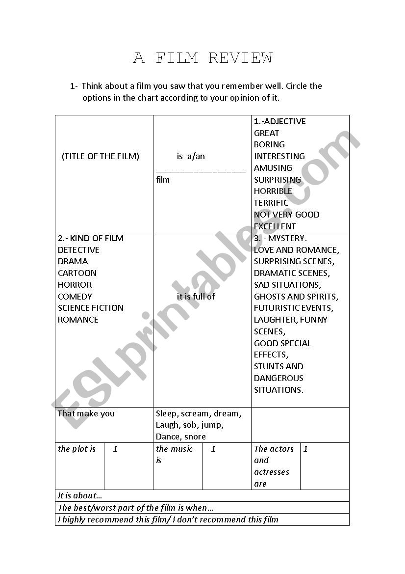 A Film Review worksheet