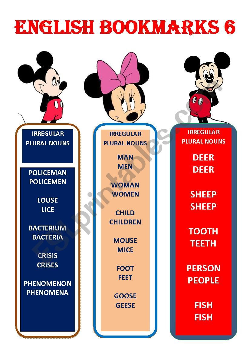 ENGLISH BOOKMARKS 6 Minnie and Mikey Mouse - Irregular plurals of nouns