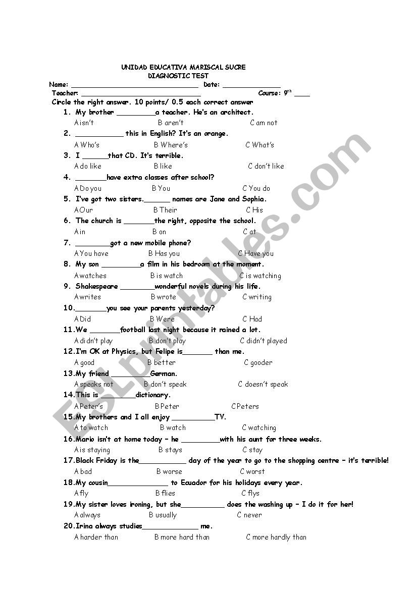diagnostic test worksheet