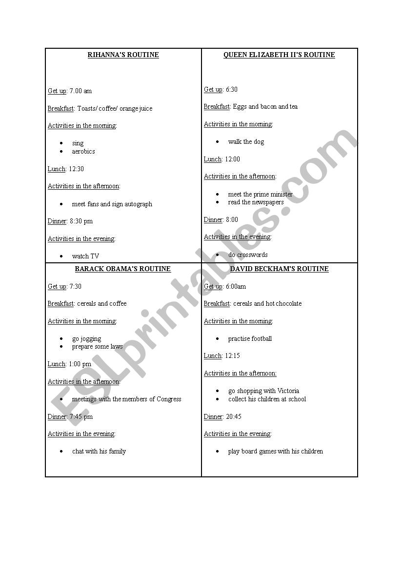 Famous personsÂ´ routine worksheet
