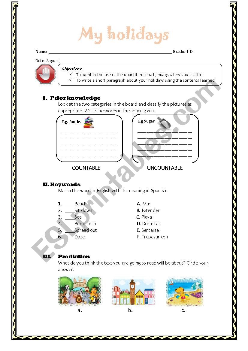 Holidays worksheet