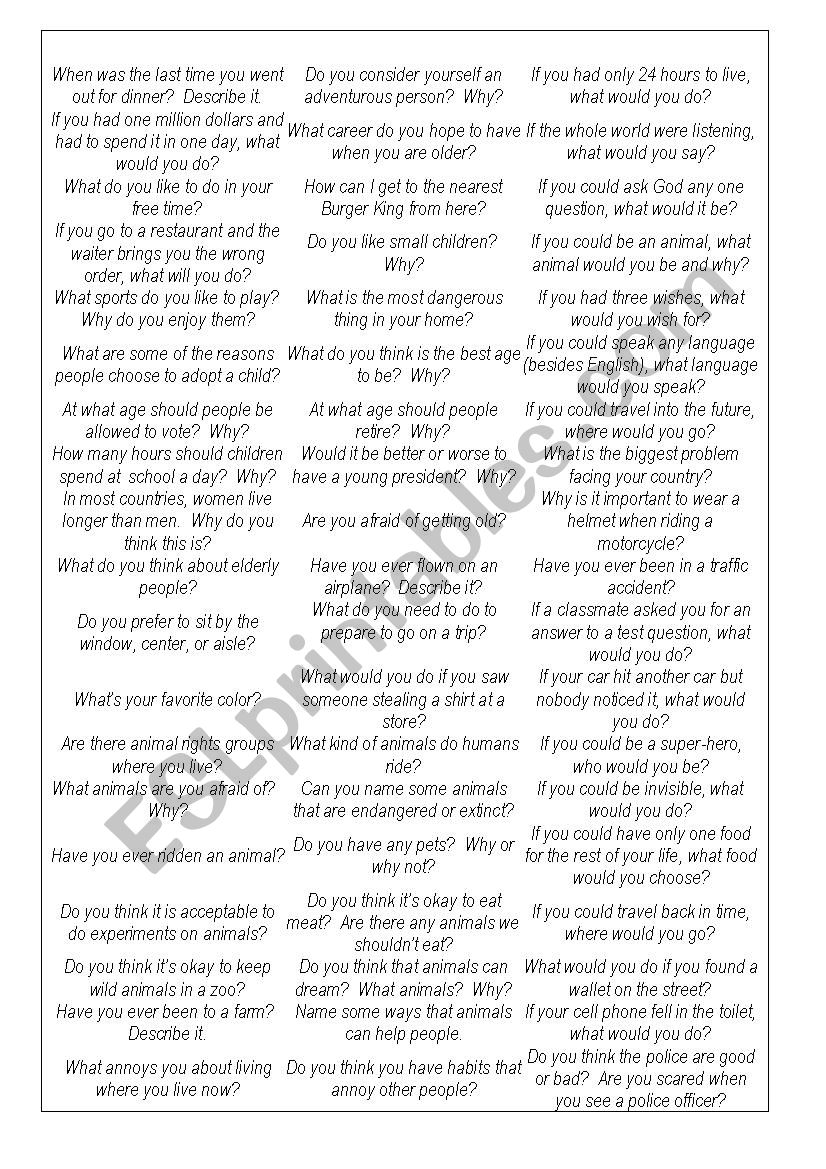 Speaking questions  worksheet