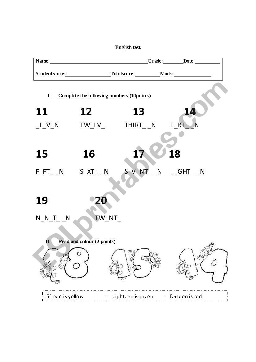 test number 11-20 worksheet