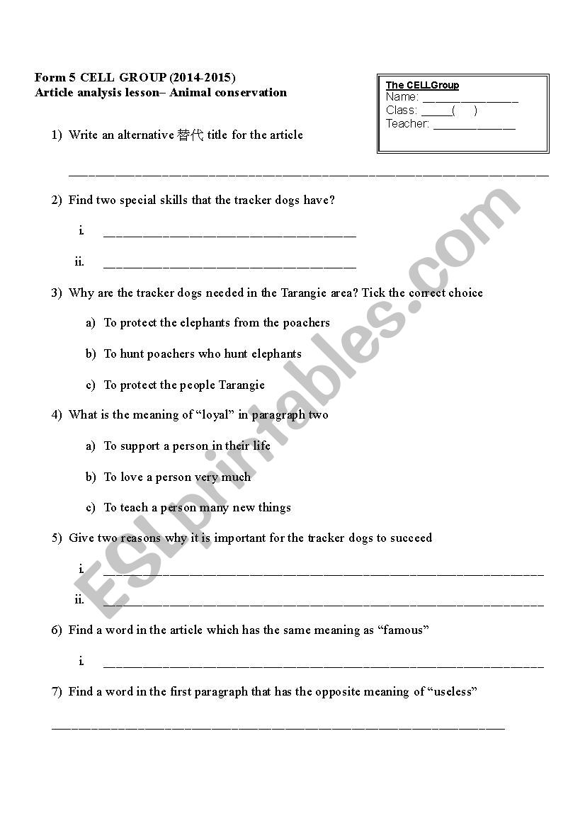 Animal conservation worksheet