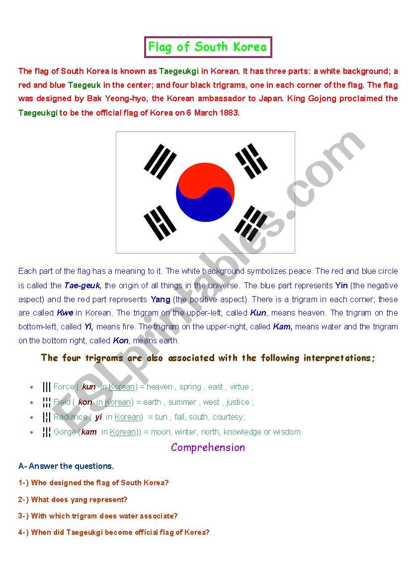 Flag of South Korea (2 pages) Reading Comprehension