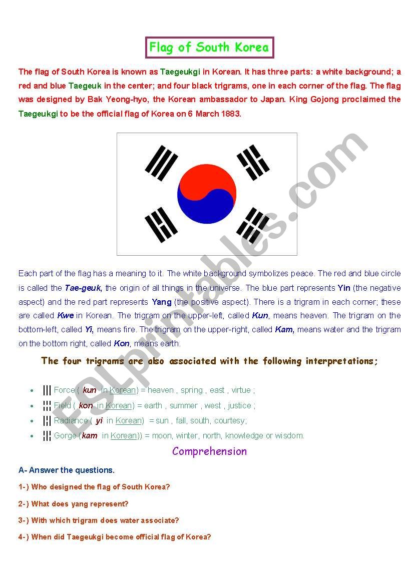 Flag of South Korea (2 pages) Reading Comprehension