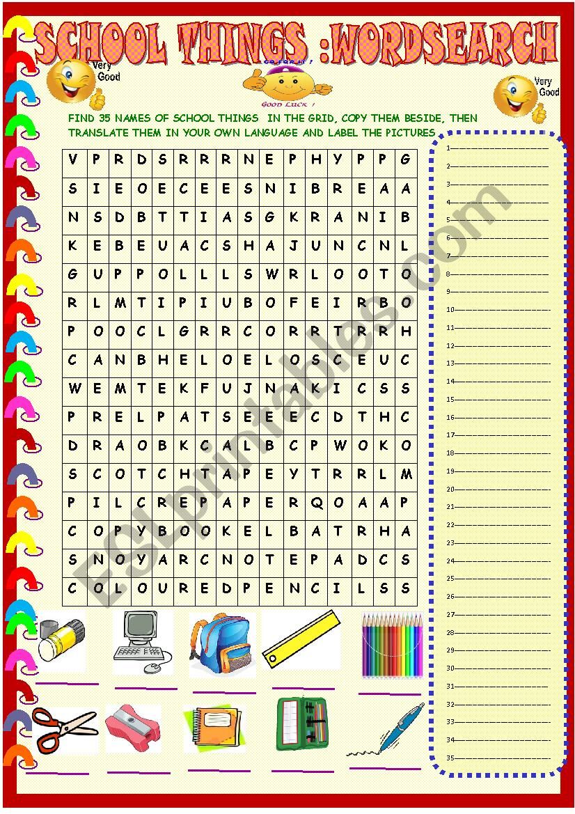 School things: wordsearch with key