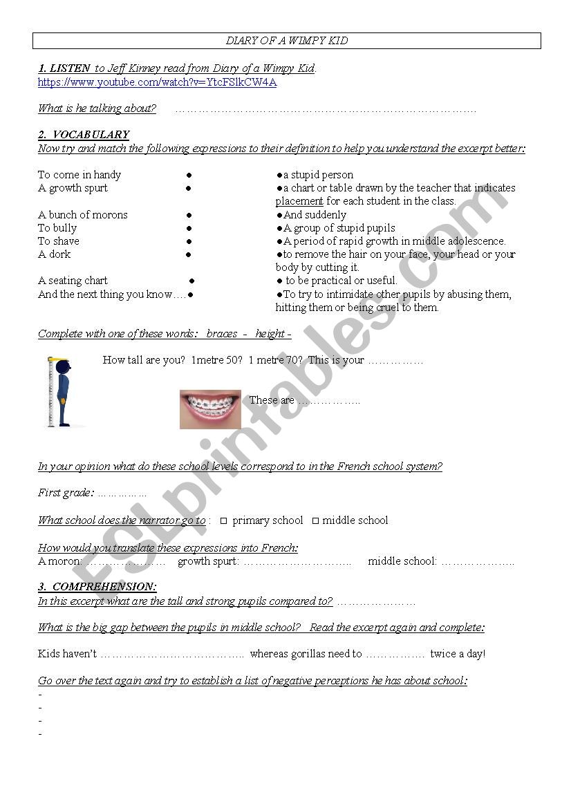 A DIARY OF A WIMPY KID worksheet