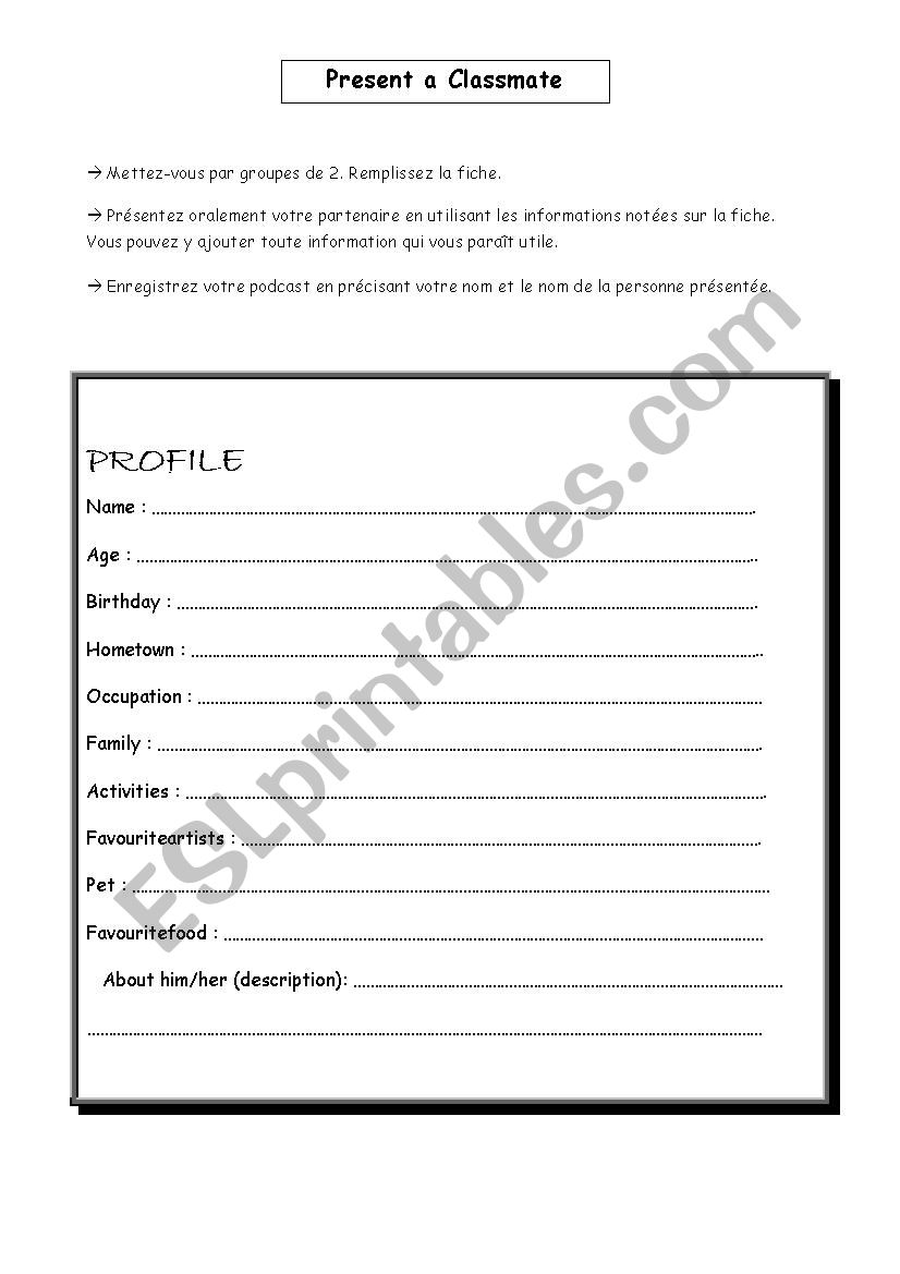 present a classmate worksheet