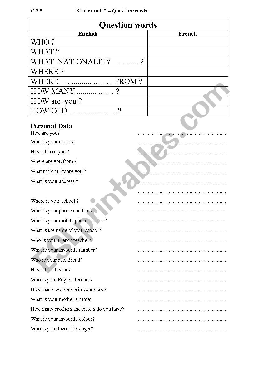 Question words worksheet