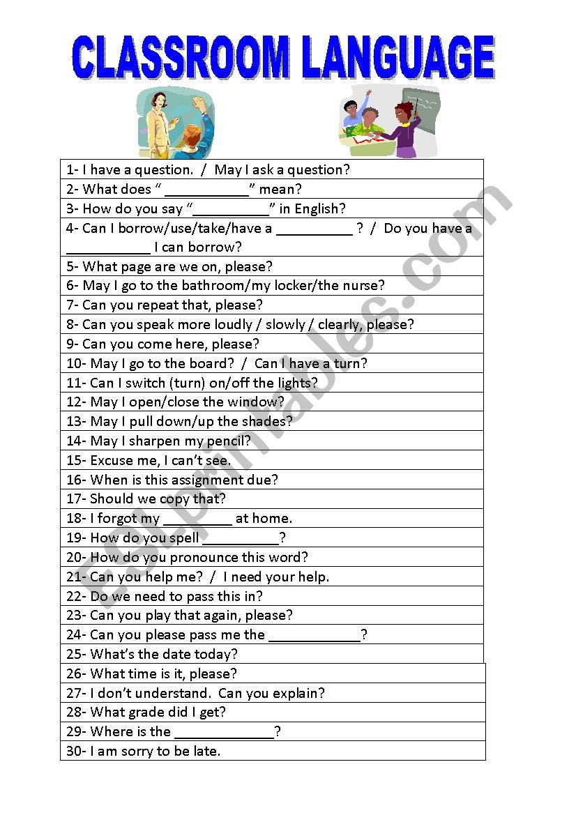 CLASSROOM LANGUAGE FOR STUDENTS